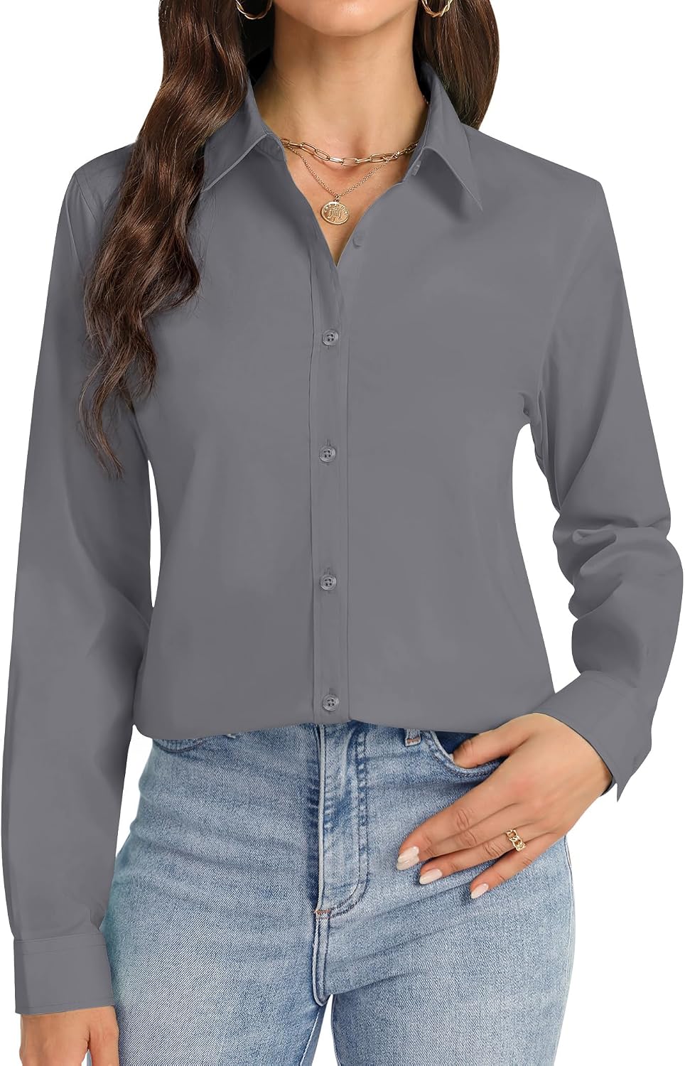 سعر ومواصفات J.VER Womens Button Down Shirt Long Sleeve Dress Shirts Wrinkle Free Stretch Solid Work Blouse (B0CKPJCP83) على Amazon EG