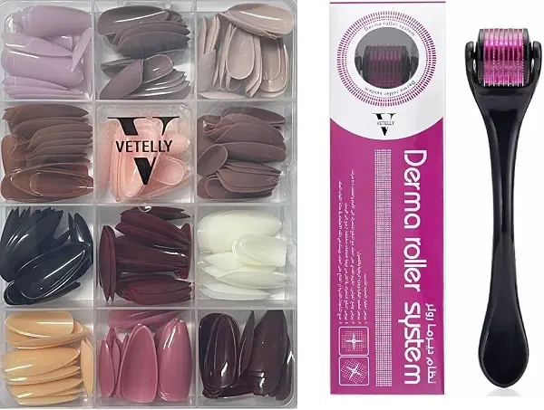 سعر ومواصفات VETELLY-288 Pcs Glossy Press On Nails, 12 Colors Coffin Fake Nails + VETELLY-Derma Roller System 1.0 mm 540 Needles Hair Growth (B0DV47X436) على Amazon EG