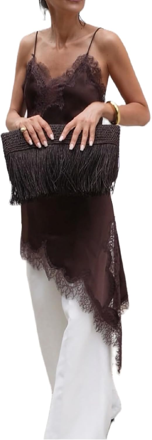 سعر ومواصفات Women Lace Trim Satin High Low Tops Silk Spaghetti Strap Asymmetrical Side Split Cami Top Flowy Silky Layering Tops (B0FM46B1Q7) على Amazon EG