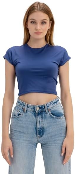 سعر ومواصفات Womens Cropped Round Neck Top Cap Sleeve BT012-NVY Modern (pack of 1) (B0DXD5GG6N) على Amazon EG