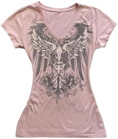 سعر ومواصفات Womens Y2K Gothic Graphic V-Neck Slim Fit T-Shirt Grunge Vintage Short Sleeve Trendy Crop Tops (B0FBWP3NH8) على Amazon EG