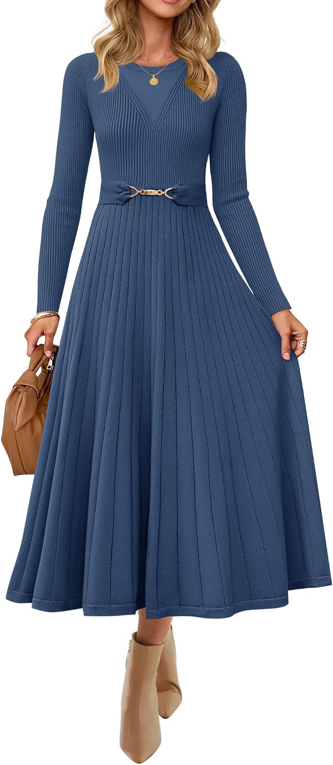 سعر ومواصفات ZESICA Womens Fall Long Sleeve Pleated Midi Sweater Dresses (B0FGXSJY8W) على Amazon EG