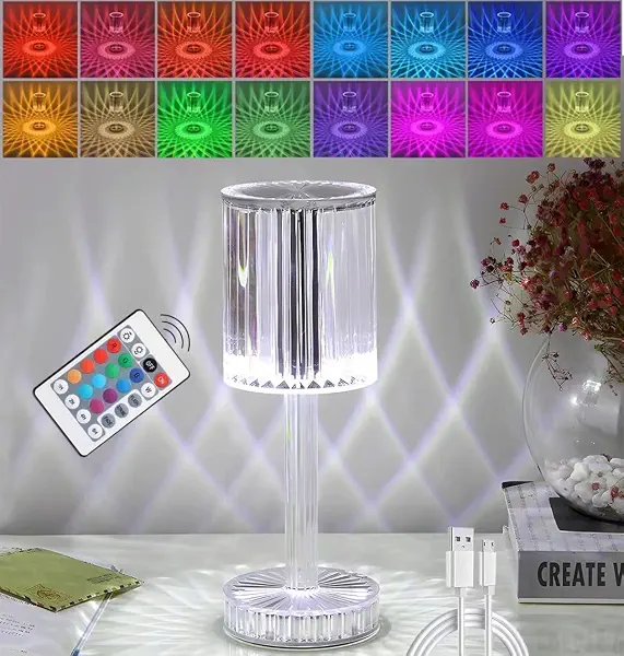 سعر ومواصفات أباجورة LED للمكتب وبجانب السرير من الاكريليك بتصميم كريستالي ماسي تعمل باللمس مع جهاز ريموت كنترول، مزودة بـ16 لون RGB ومنفذ شحن USB، لغرفة المعيشة/غرفة النوم/المقهى/المطعم، متعدد الألوان (B0BDM9KNPH) على Amazon EG