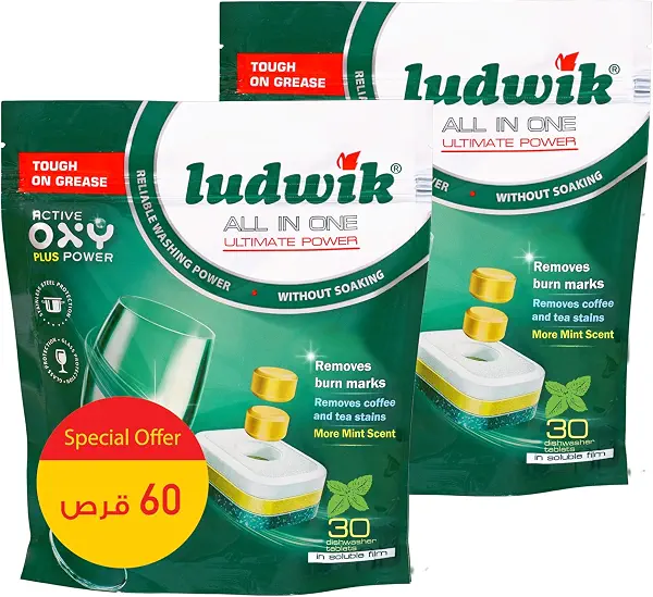سعر ومواصفات اقراص غسالة الصحون الكل في واحد بالنعناع من لودويك، 2 × 30 قطعة (B09DGKXFLK) على Amazon EG