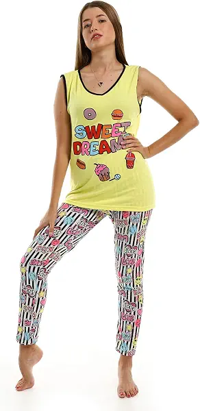 سعر ومواصفات اندورا Andora Womens Sweet Dreams Printed Striped Pajama Set - Yellow & Black Pajama Set (pack of 1) (B0B54TDPKC) على Amazon EG