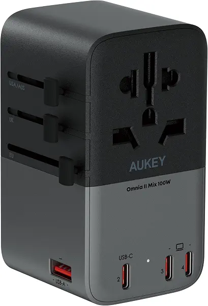 سعر ومواصفات اوكي محول سفر عالمي 100 واط بي دي جان من ترافل ميت مع 3 منافذ USB-C و1 × USB-A [ضمان لمدة عامين] PA-TA09A رمادي (B0H6M2FBKQ) على Amazon EG