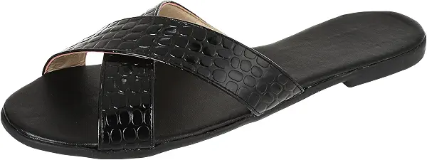 سعر ومواصفات ايه يو يو اكس في ايه SWAY Flat comfortable black embedded outsole with a simple metallic croco criss-cross strap upper (B07X249RMH) على Amazon EG