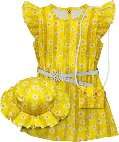 سعر ومواصفات بيبي شورا Baby Shoora girls Set Of 4 Pieces Sleeveless Dress,Hat,Bag&Belt Printed Sun Flower Dress (pack of 4) (B0DZ2HTYCR) على Amazon EG