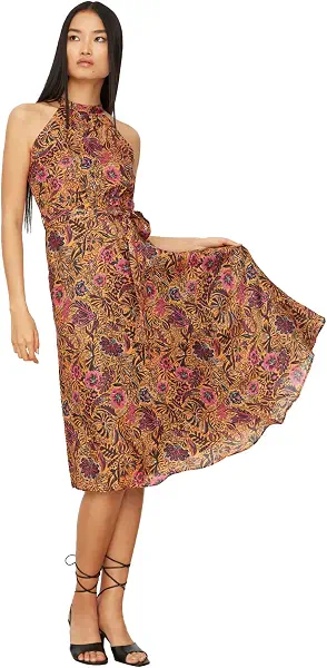 سعر ومواصفات ترينديول Trendyol Women Midi Dress Floral Print Belted A-line Halter Neck Sleeveless Midi Lined Woven Dress Twoss20el2536 (B09WF6WGMG) على Amazon EG