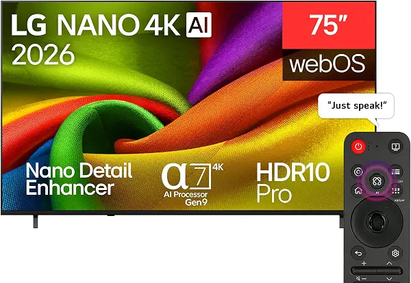 سعر ومواصفات تلفزيون نانو ذكي طراز NU85 بدقة 4K UHD مقاس 75 بوصة مزود بتقنية الذكاء الاصطناعي وجهاز تحكم سحري ونظام تشغيل ويب او اس 26 إصدار 2026 من ال جي (B0H1872WDR) على Amazon EG