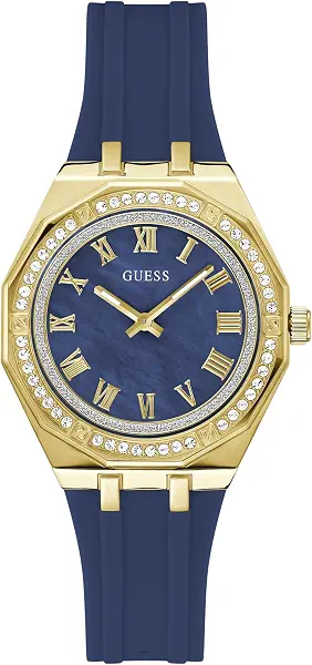 سعر ومواصفات جيس GUESS Gold-Tone and Blue Silicone Analog Watch (B0G25FS2C7) على Amazon EG