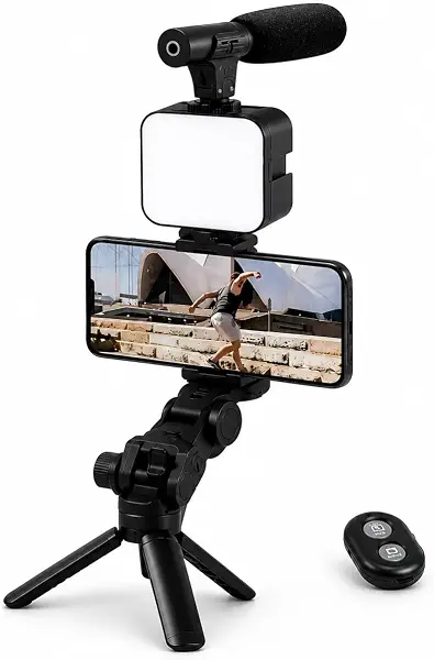 سعر ومواصفات حامل تصوير سينمائي متكامل KX 3673 للموبايل الذكي – مع حامل ثلاثي، إضاءة ليد، ميكروفون، حامل بتوافق شامل، وجهاز تحكم عن بعد - من كيندكس، أسود (B0GYZVWNN1) على Amazon EG