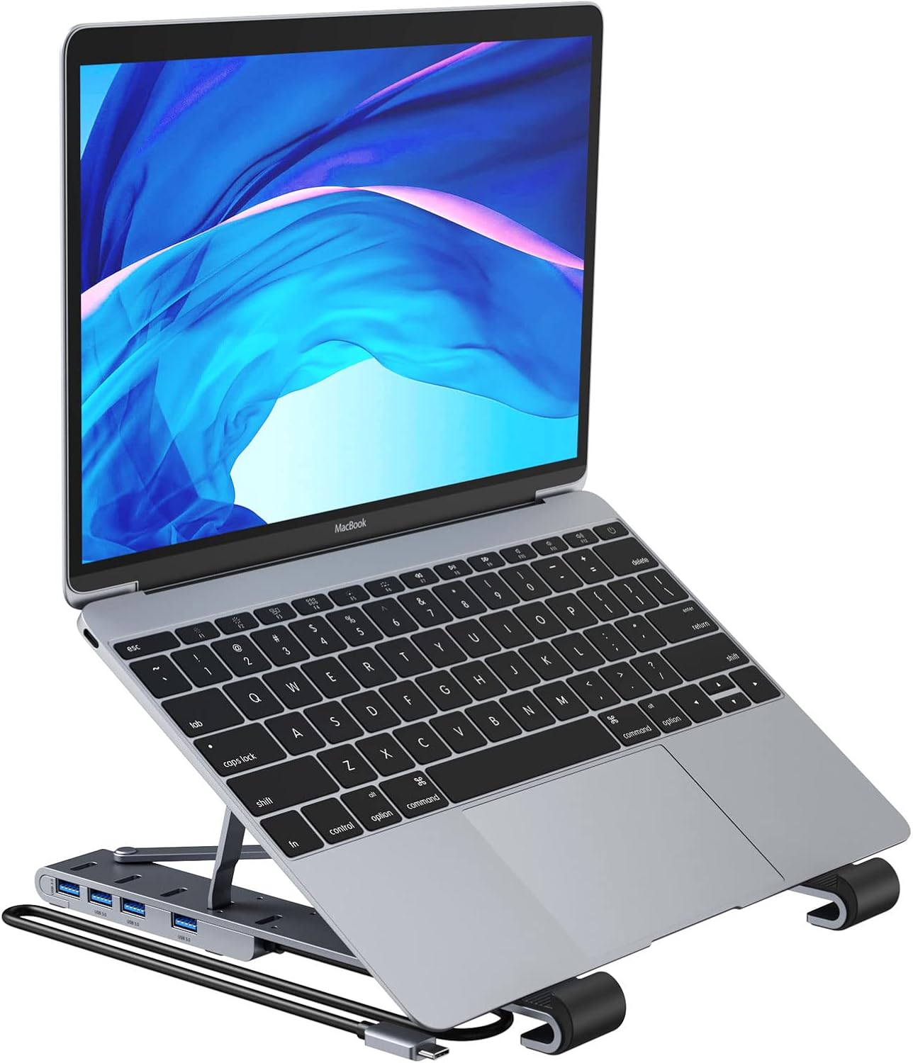 سعر ومواصفات حامل كمبيوتر محمول مع موزع USB C، 5 مستويات قابلة للتعديل ومضادة للانزلاق وقابلة للطي مع 4 منافذ USB A 3.0 5Gbps و100W PD، حامل كمبيوتر مريح من الألومنيوم لأجهزة Dell وHP وLenovo والمزيد (B09MLF851W) على Amazon EG