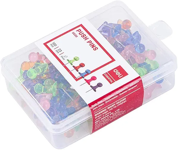 سعر ومواصفات دبابيس ضغط شفافة ملونة Deli E0030، عبوة من 100، ألوان متنوعة (B07PXQS16T) على Amazon EG