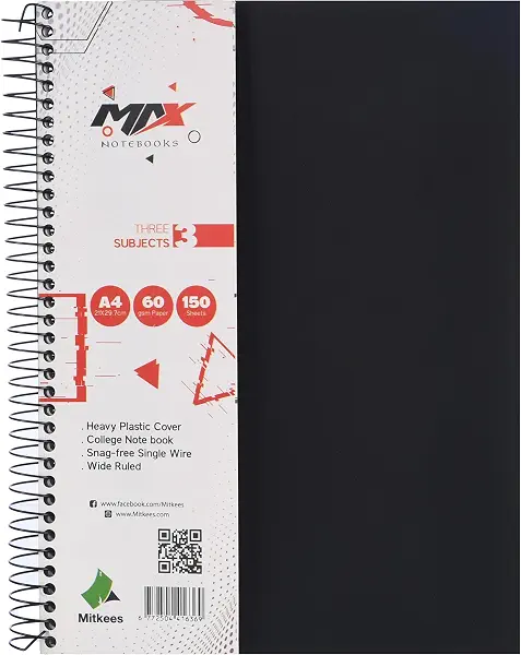 سعر ومواصفات دفتر ملاحظات بسلك حلزوني MAX150 مقاس A4 60 جرام لكل متر مربع 150 ورقة من ميتكيس، اسود (B0H83B2GGP) على Amazon EG