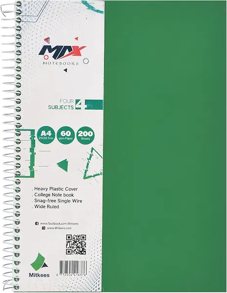 سعر ومواصفات دفتر ملاحظات بسلك حلزوني MAX200 مقاس A4 60 غرام لكل متر مربع 200 ورقة من ميتكيس، اخضر (B0H835N1YS) على Amazon EG