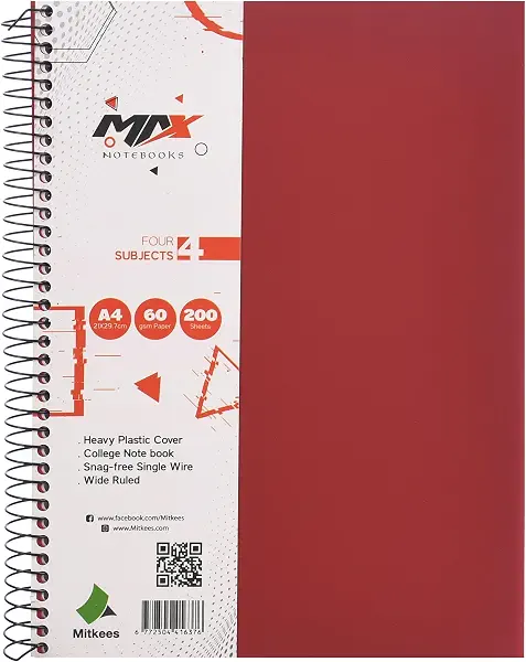 سعر ومواصفات دفتر ملاحظات بسلك حلزوني MAX200 مقاس A4 60 غرام لكل متر مربع 200 ورقة من ميتكيس، احمر (B0H836CDZ6) على Amazon EG