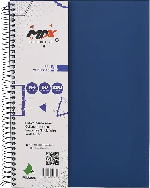 سعر ومواصفات دفتر ملاحظات بسلك حلزوني MAX200 مقاس A4 60 غرام لكل متر مربع 200 ورقة من ميتكيس، ازرق (B0H839H1X6) على Amazon EG
