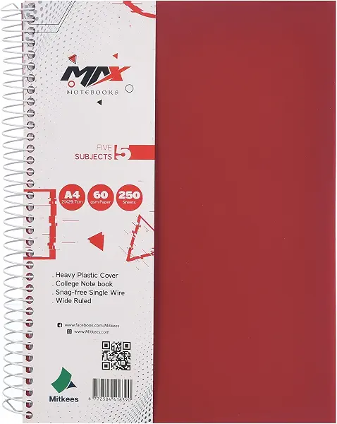 سعر ومواصفات دفتر ملاحظات بسلك حلزوني MAX250 مقاس A4 60 غرام لكل متر مربع 250 ورقة من ميتكيس، احمر (B0H833XP7P) على Amazon EG
