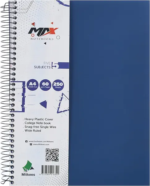 سعر ومواصفات دفتر ملاحظات بسلك حلزوني MAX250 مقاس A4 60 غرام لكل متر مربع 250 ورقة من ميتكيس، ازرق (B0H836H661) على Amazon EG