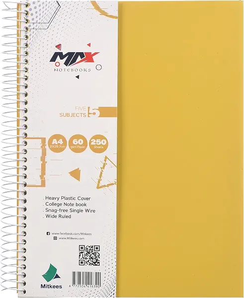سعر ومواصفات دفتر ملاحظات بسلك حلزوني MAX250 مقاس A4 60 غرام لكل متر مربع 250 ورقة من ميتكيس، اصفر (B0H836SPJ8) على Amazon EG