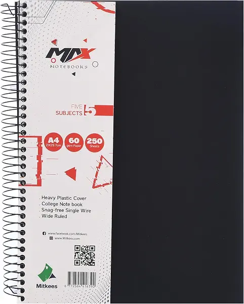 سعر ومواصفات دفتر ملاحظات بسلك حلزوني MAX250 مقاس A4 60 غرام لكل متر مربع 250 ورقة من ميتكيس، اسود (B0H83BPWHN) على Amazon EG