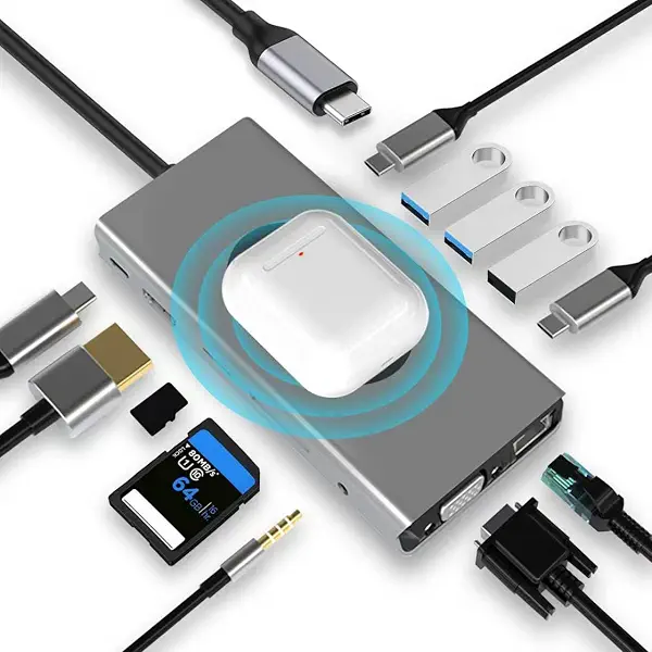سعر ومواصفات دونجل موزع مع شحن لاسلكي، محول قاعدة شحن 13 في 1 مع منفذ HDMI 4K وVGA و2 × RJ45.3.0 وUSB C 3.0 و2.0 وRJ45 ايثرنت وPD 100 واط، SD/TF مدخل AUX 3.5 ملم، متوافق مع ماك بوك برو (B0B4NWHDDR) على Amazon EG
