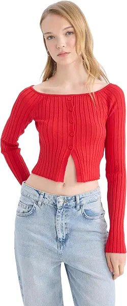 سعر ومواصفات ديفاكتو DeFacto Woman Woman Coool Tricot Fitted Bardot Neck Long Sleeve Pullover E0727AX Pullover (pack of 1) (B0DMVH74HR) على Amazon EG