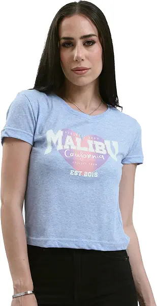 سعر ومواصفات رافين تيشرت بقصة عادية وتصميم حديث مطبوع بكلمة «Malibu» للنساء من ريفين، لون أزرق مرقش (B0D6R8X32G) على Amazon EG