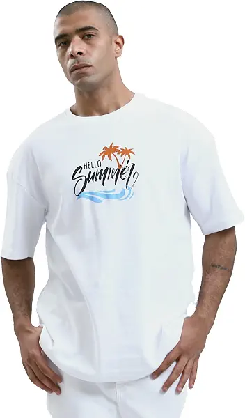 سعر ومواصفات رافين تيشرت للرجال مطبوع عليه عبارة "Hello Summer" سهل الارتداء من القطن بتصميم عصري من ريفين (B0D6R9L871) على Amazon EG