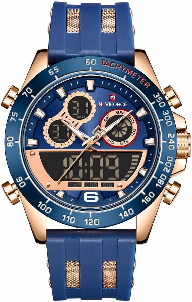 سعر ومواصفات ساعة رياضية ذكية من نافي فورس 9188T RG-BE-BE، ساعة ثنائية العرض متعددة الوظائف، 3 ايه تي ام، مقاومة للماء، مصنوعة من البولي يوريثران المقاوم للحرارة، مناسبة للرجال (B0BC9JZC2F) على Amazon EG