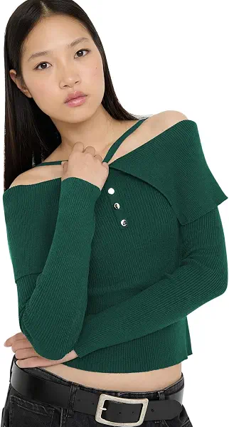 سعر ومواصفات سويتر صوف كارمن بحزام للرقبة بلون أخضر زمردي (Emerald) فاخر/ خيوط خاصة للنساء من ترينديول، موديل Twoaw26Kz00076 (B0FR4X5RZX) على Amazon EG