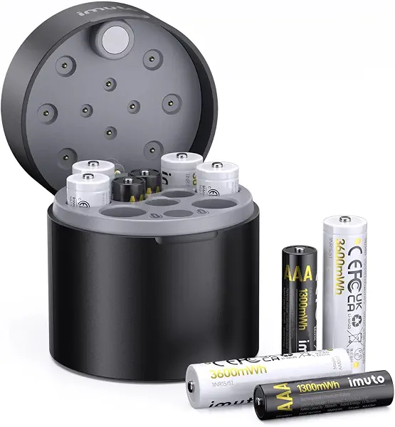 سعر ومواصفات شاحن بطاريات imuto 10-Bay AA Station مع 10 بطاريات قابلة لإعادة الشحن (B0GV8BSN95) على Amazon EG