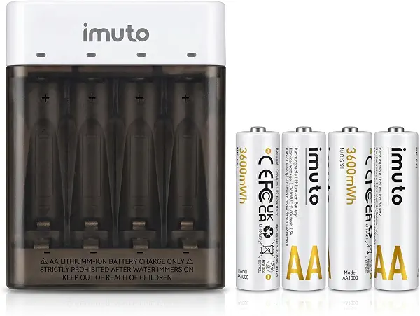 سعر ومواصفات شاحن بطاريات imuto 4AA Dual Station Pro مع 4 بطاريات ليثيوم 3600 مللي واط في الساعة (B0GV8891RW) على Amazon EG
