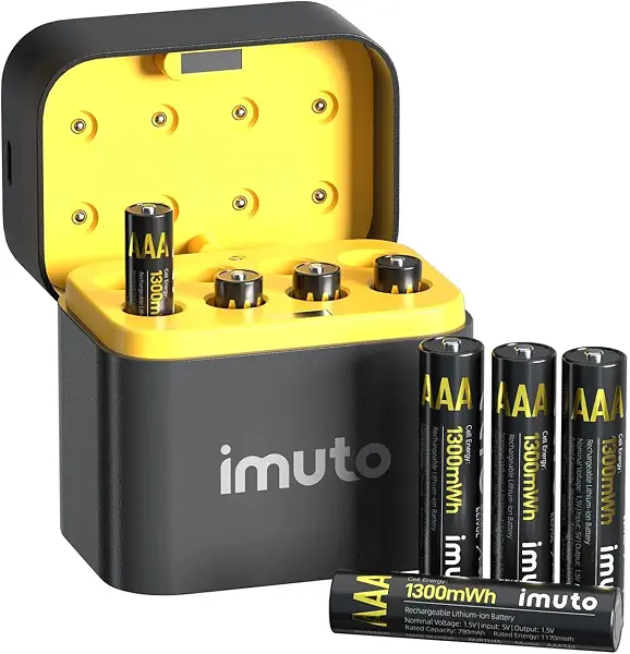 سعر ومواصفات شاحن بطاريات imuto AAA Charger Box الذكي مع 8 بطاريات ليثيوم أيون قابلة لإعادة الشحن 1300 مللي واط (B0GV8M3BTL) على Amazon EG