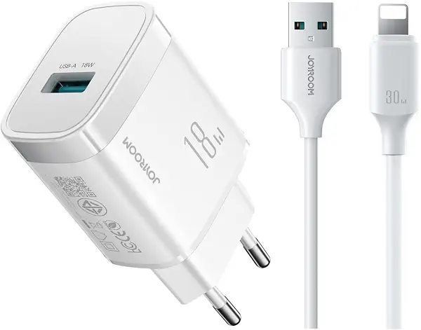 سعر ومواصفات شاحن حائط سريع JR-FT4 بقوة 18 واط مع كابل لايتنينج بطول 1 متر من جوي روم (B0GJLLX9DD) على Amazon EG