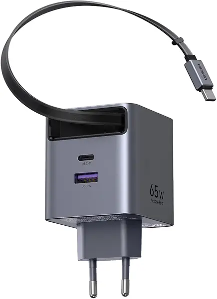 سعر ومواصفات شاحن UGREEN GaN سريع 65 واط بكابل داخلي قابل للسحب، 2xUSB-C، 1xUSB-A، رمادي، 65825 (B0GKGLPG58) على Amazon EG
