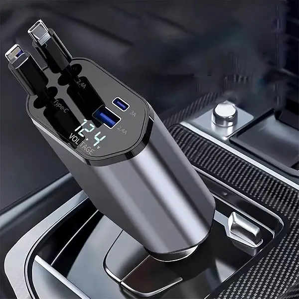 سعر ومواصفات شاحن سيارة بمنفذ USB متوافق مع آيفون وأندرويد، 4 منافذ، 120 واط، شحن سريع مع كابل قابل للسحب ودوران 180 درجة (B0GVBHGSXW) على Amazon EG