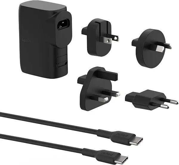 سعر ومواصفات شاحن من بلكن بمنفذ USB و USB تايب-C متوافق مع آيفون و سامسونج جالاكسي بمنفذين 25 واط مع شحن سريع و تصميم 2 في 1 و شوكات قابلة للطي (B0CP8L9RSY) على Amazon EG