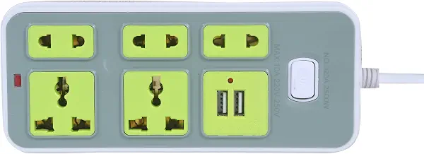 سعر ومواصفات شريط طاقة متعدد المخرجات 2500 وات، منفذين USB، 220-250 فولت، أخضر وأبيض (5 منافذ مع 2 مخرج USB) (B0FGWC3FVQ) على Amazon EG