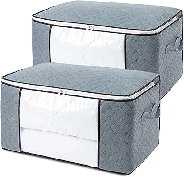 سعر ومواصفات شنط تخزين وتنظيم الملابس قابلة للطي مزودة بفتحة نافذة شفافة ومقابض لتخزين والبطانيات نمط افقي- رمادي - عبوة من 2 قطعة اذر قماش (B08G1C68BL) على Amazon EG