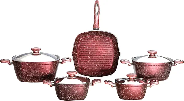 سعر ومواصفات طقم أواني طهي جرانيت مربعة من 9 قطع (18 24 28، أحمر داكن) حلل عميقة (28) شواية مربعة من الملكة، أحمر غامق (B0DVRTMZWK) على Amazon EG