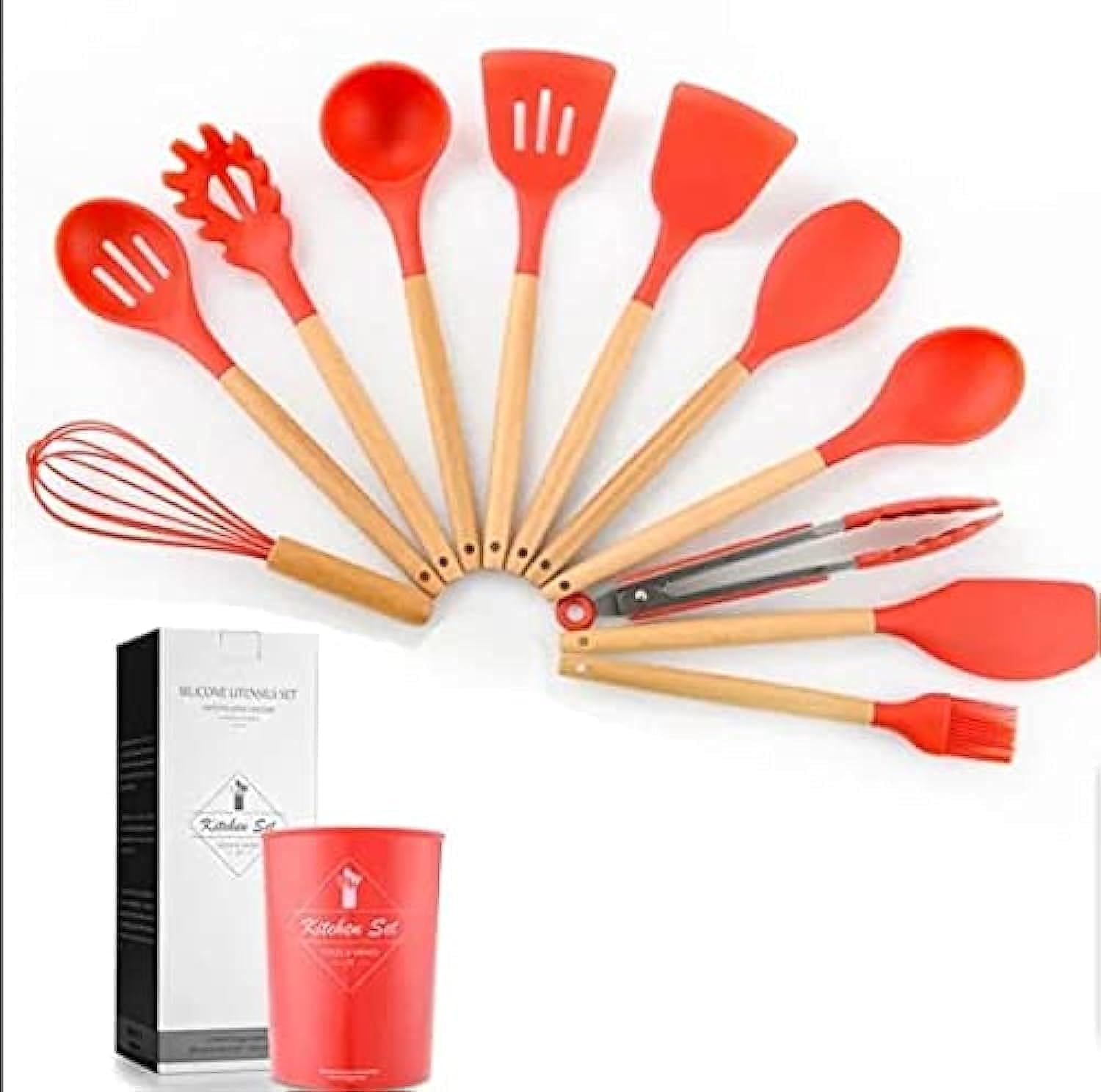 سعر ومواصفات طقم توزيع سيليكون بيد خشب 12 قطعه بالحامل احمر (B096R3GR2R) على Amazon EG