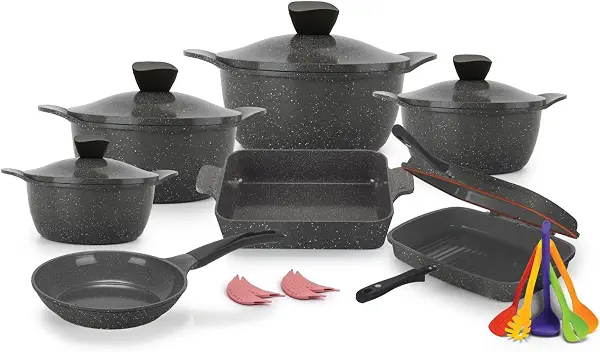 سعر ومواصفات طقم جرانيت 21 قطعة مكون من (حلة مقاس 18 - 20 0 24 - 32، طاسة قلي مقاس 24، طاجن مقاس 31، شواية مزدوجة مقاس 36، 4 قطع ماسك سيليكون، طقم توزيع 5 قطع)، لون رمادي من ماستر، من ماستر تروفال (B0B2JX6Q93) على Amazon EG