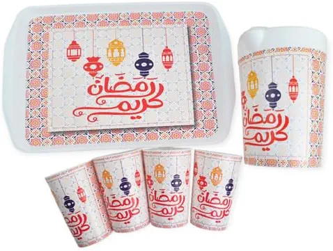 سعر ومواصفات طقم دورق + صينية + 4 أكواب لأجواء رمضانية ساحرة OM (ابيض) (B0DTGL658X) على Amazon EG