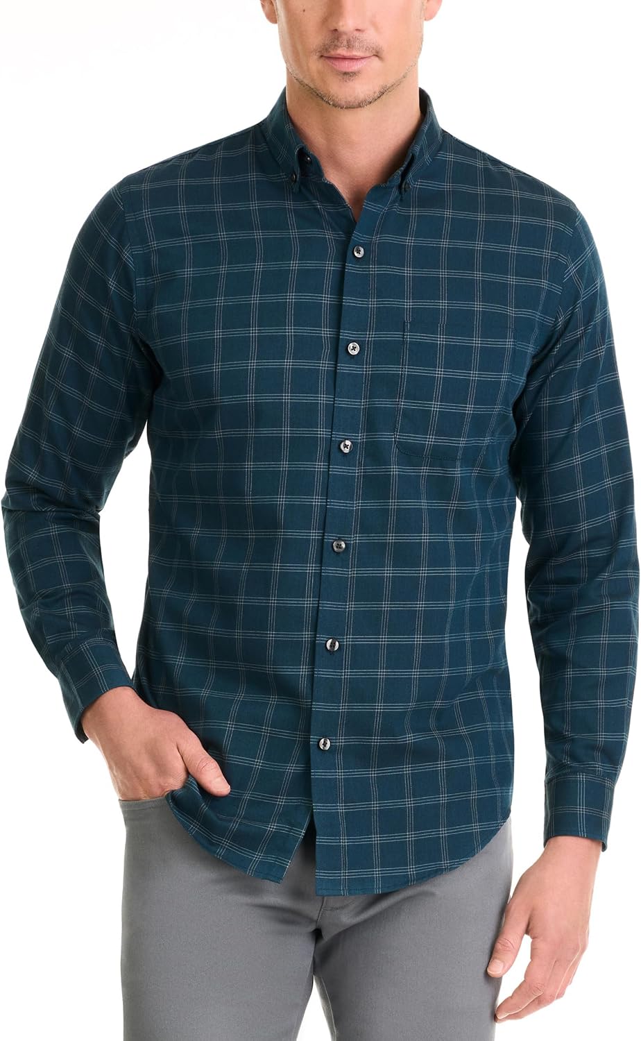 سعر ومواصفات Van Heusen فان هيوزن قميص رجالي باكمام طويلة وازرار امامية وخال من التجاعيد من نسيج قطني مضلع باكمام طويلة وازرار سفلية (B0788C6YS8) على Amazon EG