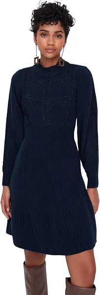 سعر ومواصفات فستان صوف Twoaw22El0011 للنساء بتصميم قصير مع دانتيل من ترينديول، لون أزرق (Navy Blue)، عبوة من قطعة واحدة (B0B8F3QW4X) على Amazon EG