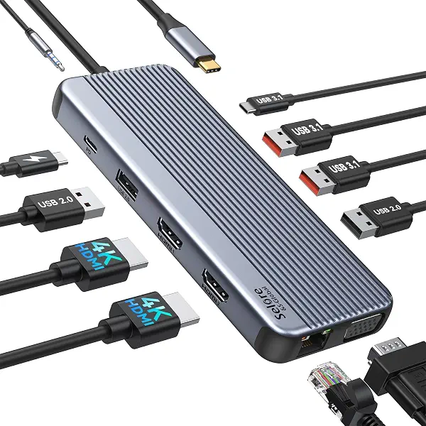 سعر ومواصفات قاعدة شحن USB نوع C ثلاثية من سيلور، موزع USB C 11 في 1 مع 2 × 4K @ 60Hz HDMI وVGA 1080P وUSB C و2 USB 3.1 بسرعة 10Gbps، 2 USB 2.0، جيجابت ايثرنت، صوت وميكروفون 3.5 ملم، 100 وات PD3.0 لينوفو (B0BXW8MH2P) على Amazon EG