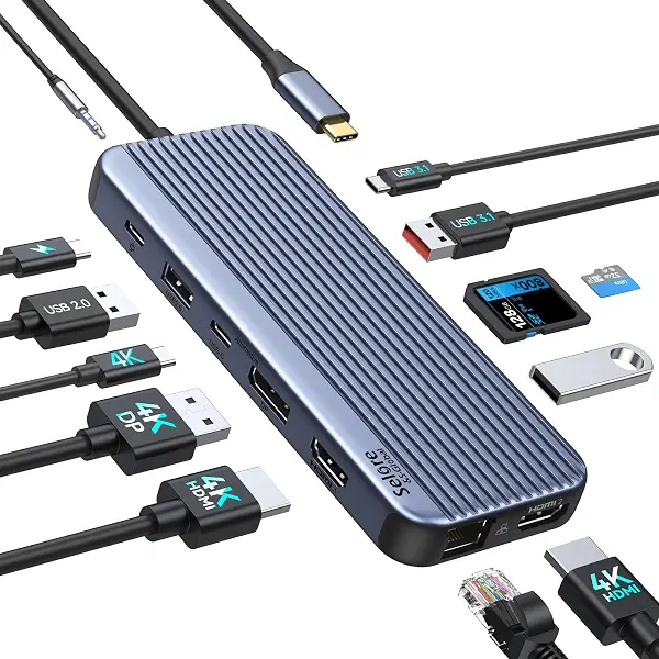 سعر ومواصفات قاعدة شحن USB نوع سي مزدوجة HDMI، 13 في 1 فيديو USB نوع سي شاشة ثلاثية مع 2 HDMI، 4K DP/USB نوع سي، 10 جيجابت USB نوع ايه/نوع سي 3.1، 100 وات بي دي، RJ45، SD/TF، صوت/ميكروفون 3.5 ملم لجهاز اتش بي ديل (B0CPLM5C7X) على Amazon EG