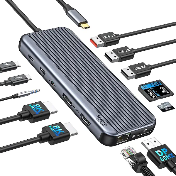 سعر ومواصفات قاعدة توصيل USB النوع سي لـ DP1.4 إلى منفذ عرض 4K HDMI مزدوجة 12 في 1، شاشة مزدوجة ثلاثية مع HDMI مزدوج 8K DP USB 3.1 10 جيجا في الثانية 100W PD جيجابت ايثرنت SD/TF صوت/ميكروفون (B0C2C89G7Z) على Amazon EG